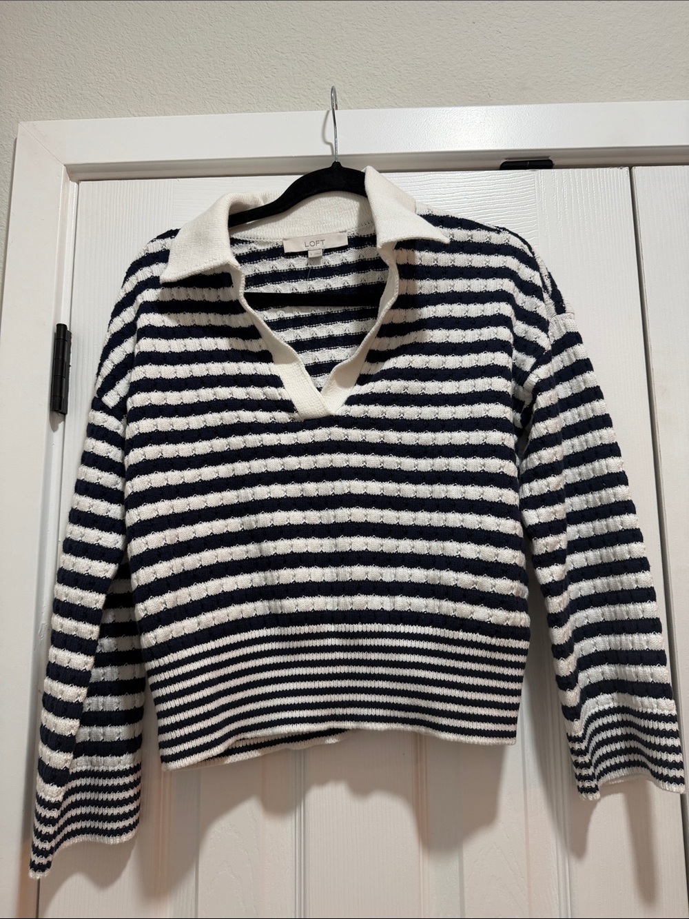 LOFT Navy and White Striped V-Neck Collared Sweater Small